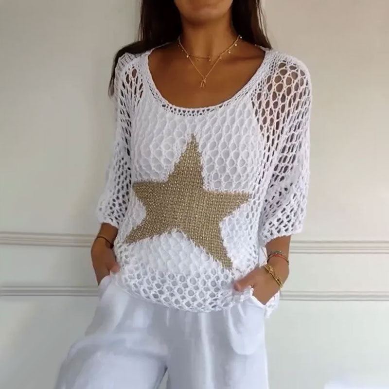 🌟👚 Modny damski top z szydełkową dzianiną na szydełku z okrągłym dekoltem