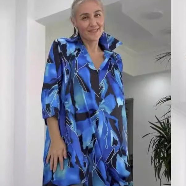 🌟Modna koszulowa sukienka z kołnierzykiem z klapami i nadrukiem V-Neck