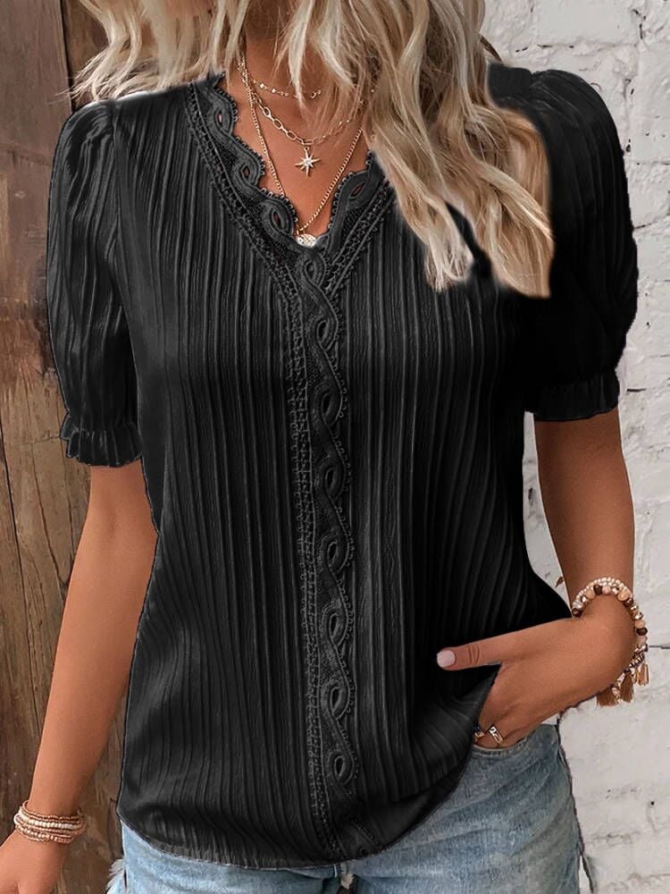 (🎁2024 New Year Hot Sale🎁)Limited Stock🔥V Neck Plain Lace Elegant Shirt（Kup 2 Darmowa Wysyłka）